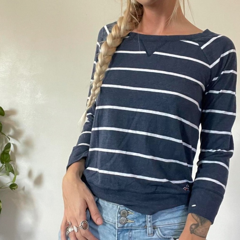 Hollister Navy and White Striped Long Sleeve Shirt